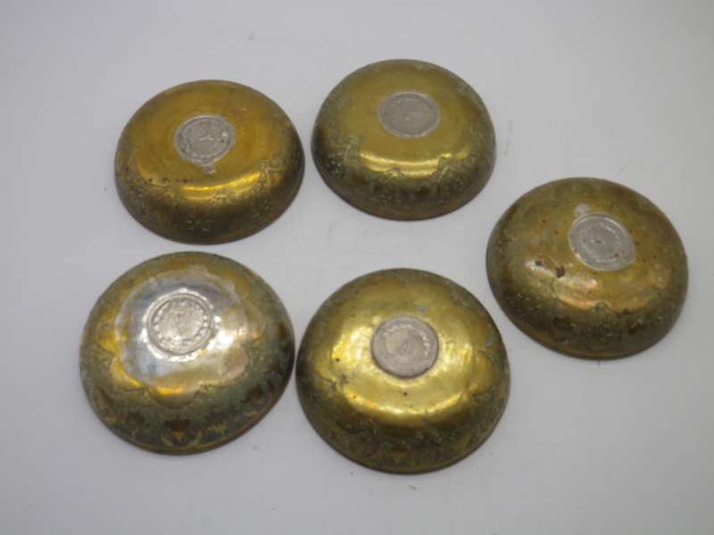 Islamic Persian Engraved Brass 5 Small Bowls inlaid with vintage Silver Lion coins.