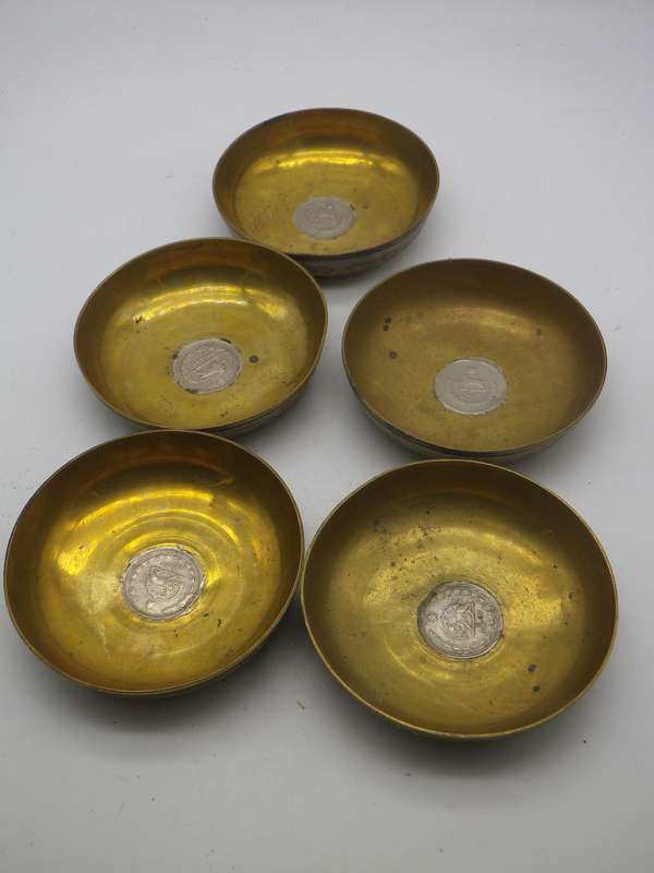 Islamic Persian Engraved Brass 5 Small Bowls inlaid with vintage Silver Lion coins.
