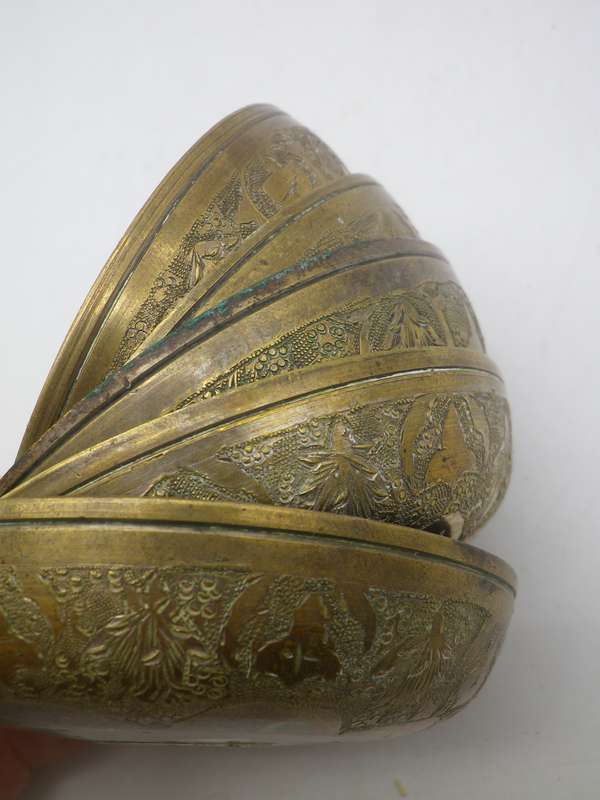 Islamic Persian Engraved Brass 5 Small Bowls inlaid with vintage Silver Lion coins.