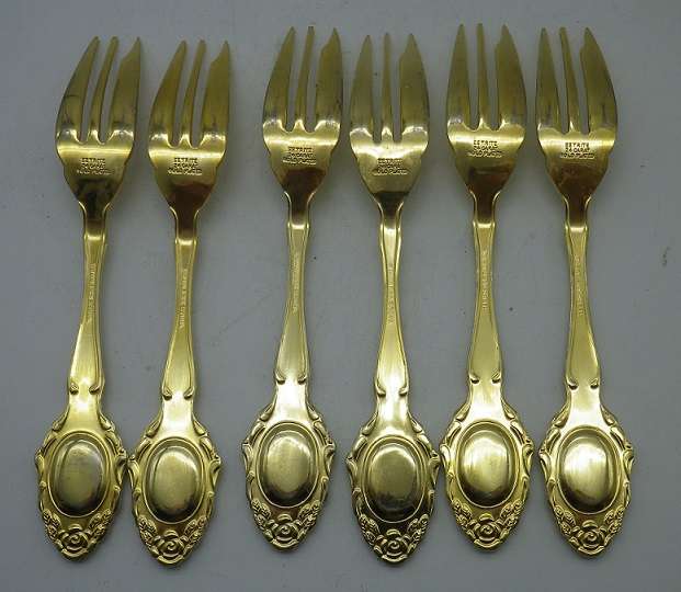 24ct Gold Plated Cake Forks. Eetrite. with Royal Albert Moss Rose design insets. Boxed