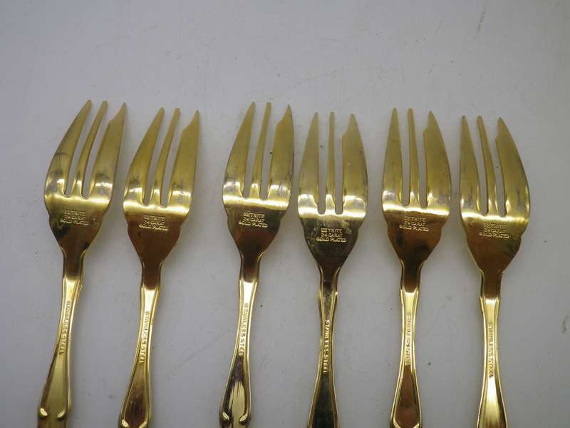 24ct Gold Plated Cake Forks. Eetrite. with Royal Albert Moss Rose design insets. Boxed