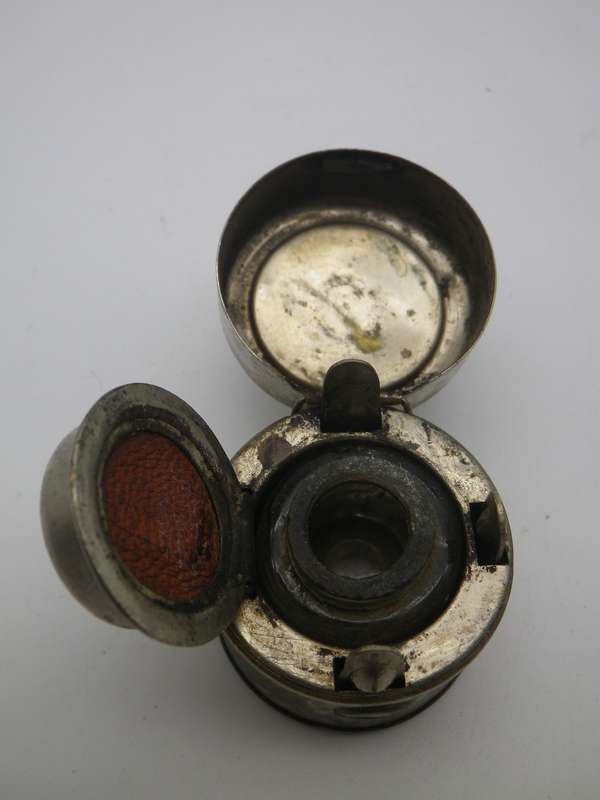 Antique (probably Victorian) Miniature travelling inkwell. Glass inner intact