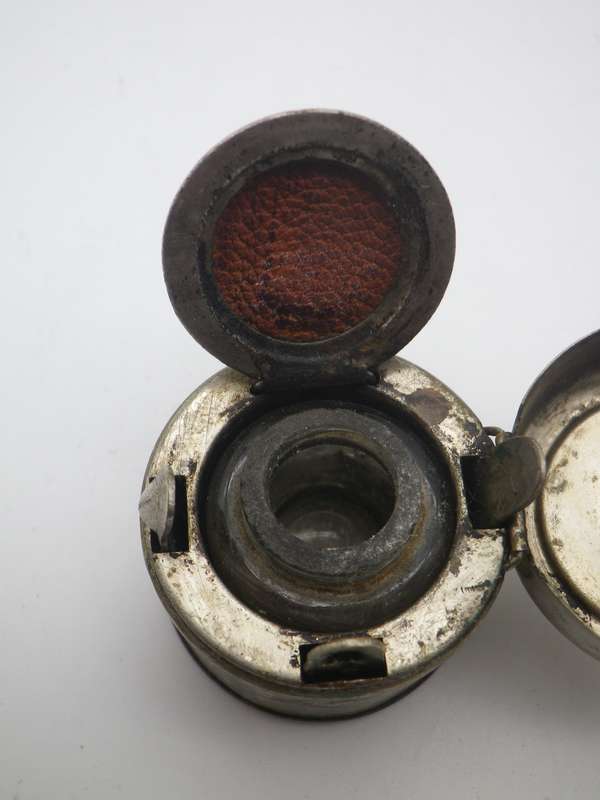 Antique (probably Victorian) Miniature travelling inkwell. Glass inner intact