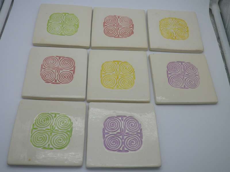 EIGHT Hand Made 10cm square glazed ceramic tiles. Lovely!