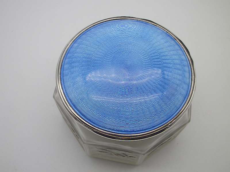 French 1920s SJ Viard Glass powder bowl & hallmarked silver & enamel lid Birmingham 1931