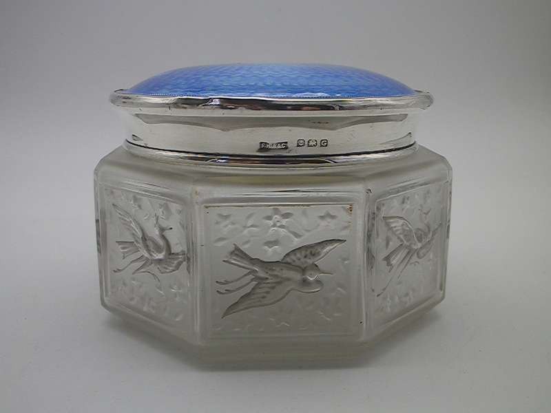 French 1920s SJ Viard Glass powder bowl & hallmarked silver & enamel lid Birmingham 1931