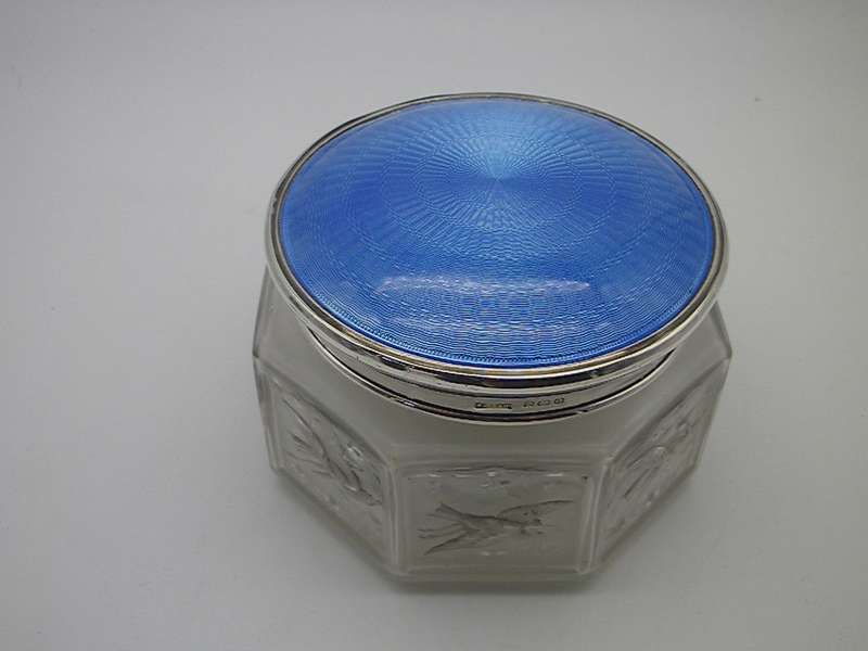 French 1920s SJ Viard Glass powder bowl & hallmarked silver & enamel lid Birmingham 1931