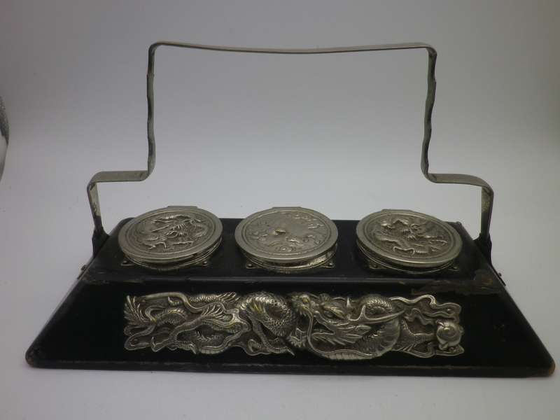 Unusual Vintage Chinese silver plate (or white metal & Black Laquer  DRAGON design Triple inkwell.