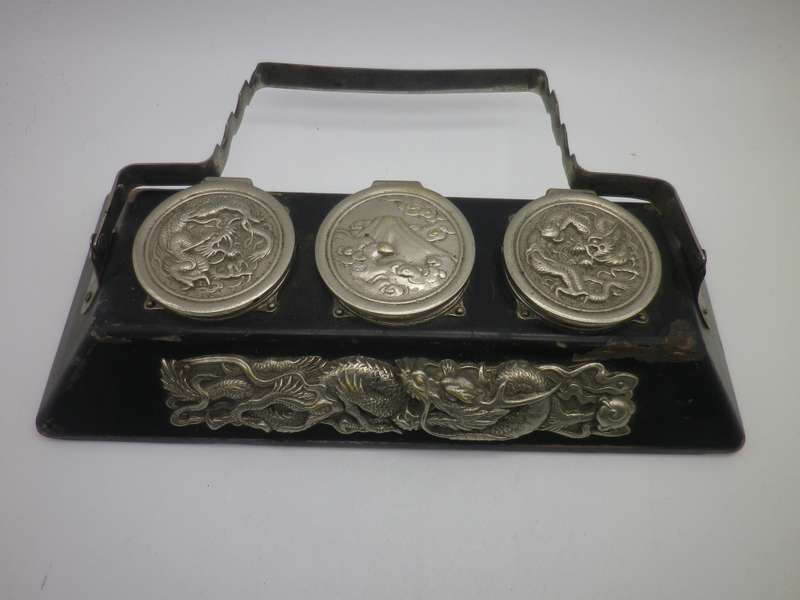 Unusual Vintage Chinese silver plate (or white metal & Black Laquer  DRAGON design Triple inkwell.