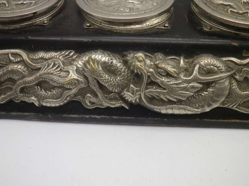 Unusual Vintage Chinese silver plate (or white metal & Black Laquer  DRAGON design Triple inkwell.