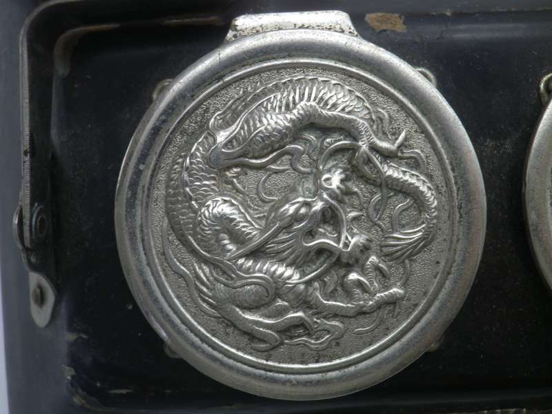 Unusual Vintage Chinese silver plate (or white metal & Black Laquer  DRAGON design Triple inkwell.