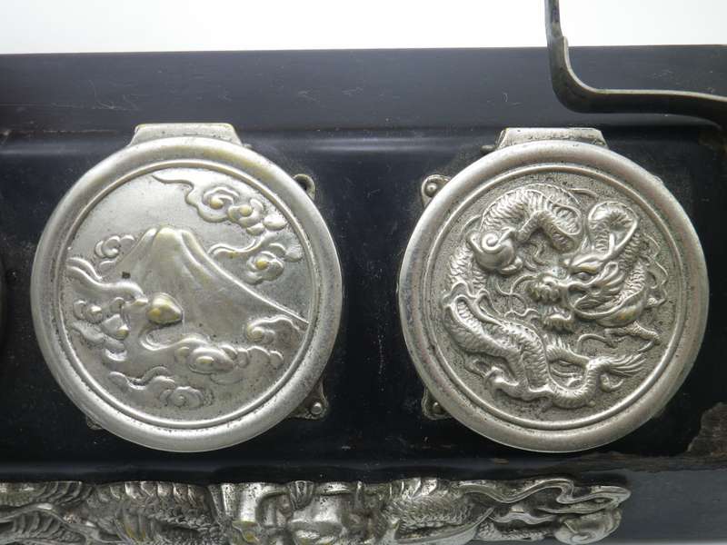 Unusual Vintage Chinese silver plate (or white metal & Black Laquer  DRAGON design Triple inkwell.