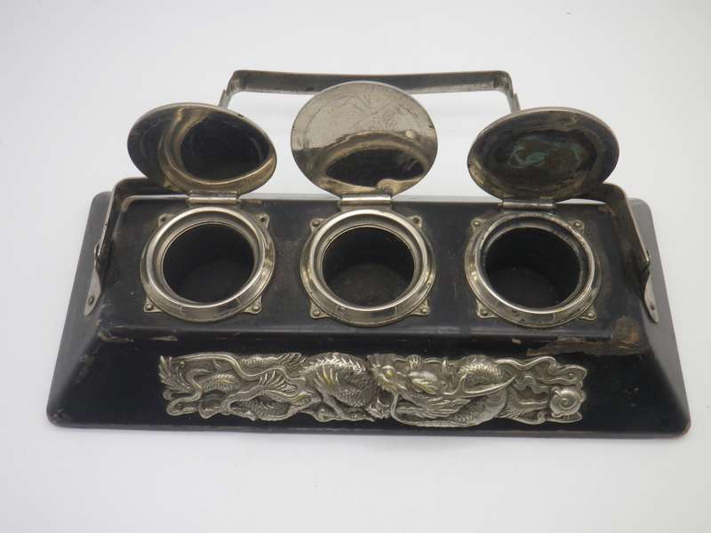 Unusual Vintage Chinese silver plate (or white metal & Black Laquer  DRAGON design Triple inkwell.