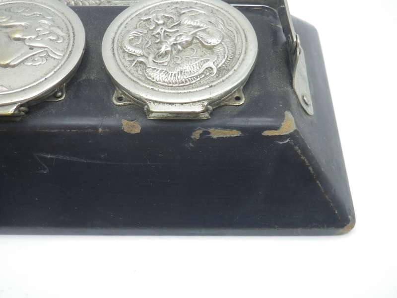 Unusual Vintage Chinese silver plate (or white metal & Black Laquer  DRAGON design Triple inkwell.