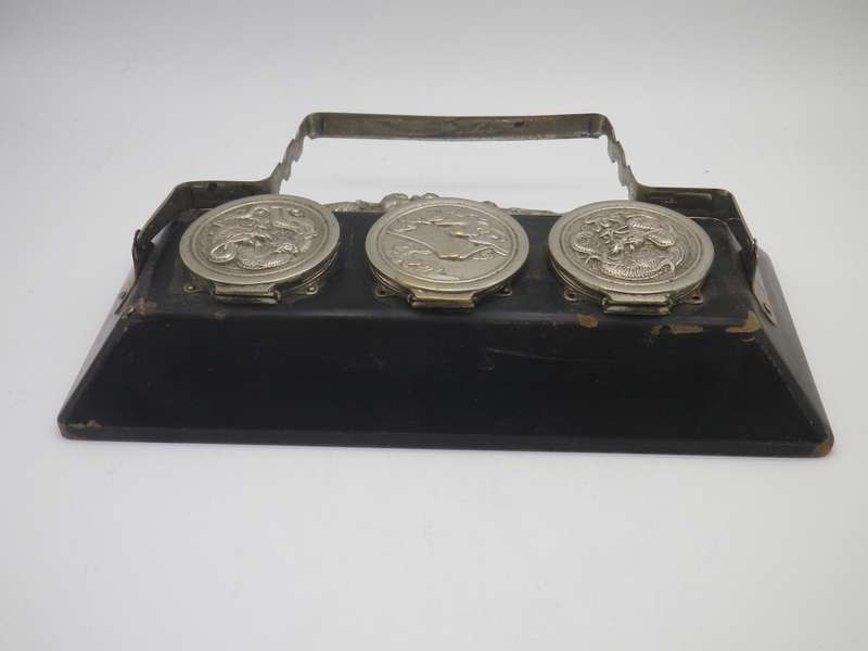 Unusual Vintage Chinese silver plate (or white metal & Black Laquer  DRAGON design Triple inkwell.