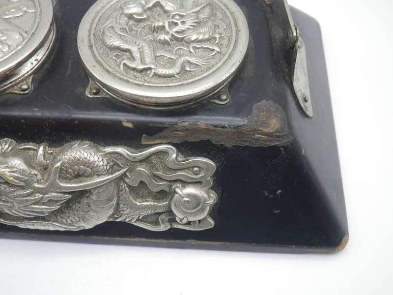 Unusual Vintage Chinese silver plate (or white metal & Black Laquer  DRAGON design Triple inkwell.