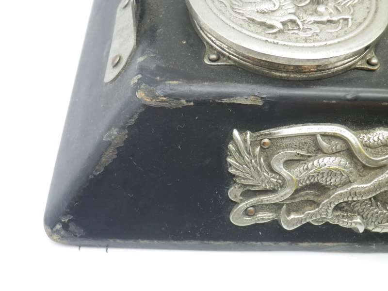 Unusual Vintage Chinese silver plate (or white metal & Black Laquer  DRAGON design Triple inkwell.