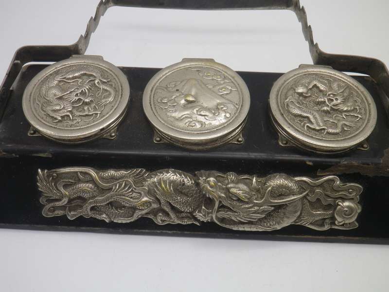 Unusual Vintage Chinese silver plate (or white metal & Black Laquer  DRAGON design Triple inkwell.