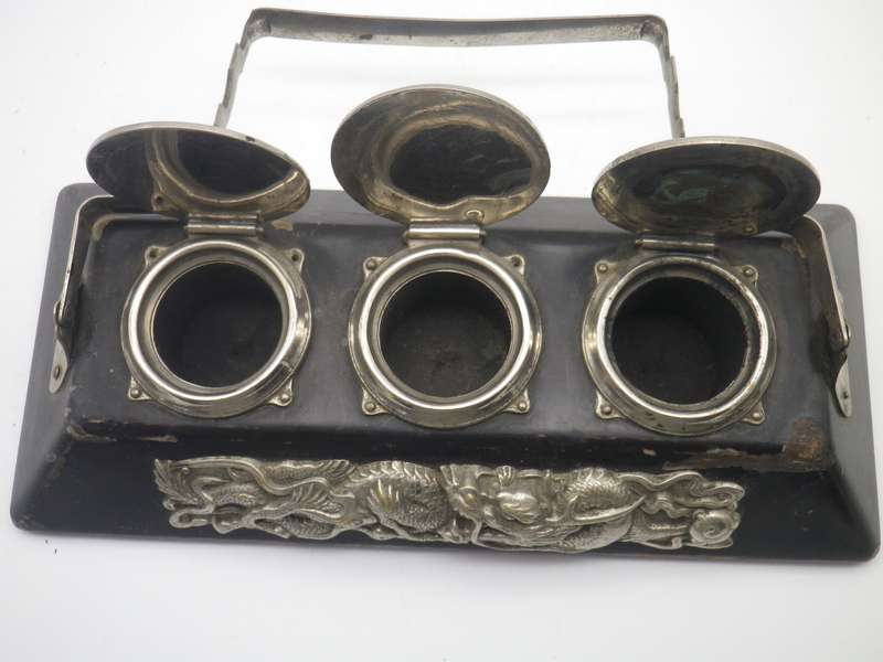Unusual Vintage Chinese silver plate (or white metal & Black Laquer  DRAGON design Triple inkwell.
