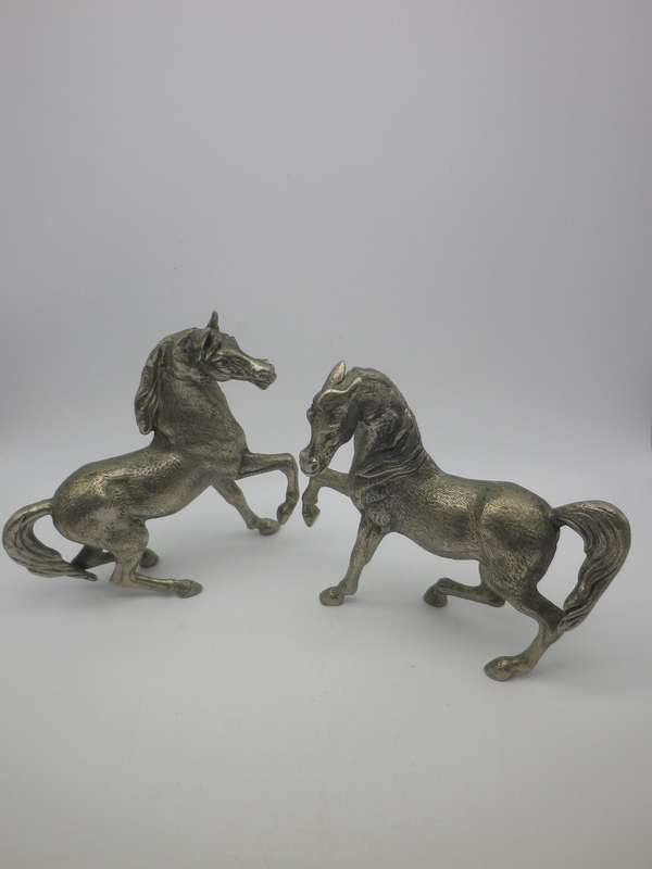 Pair Vintage Heavy Silver Tone Cast Metal prancing Horses. Gorgeous detail. 15x13cm