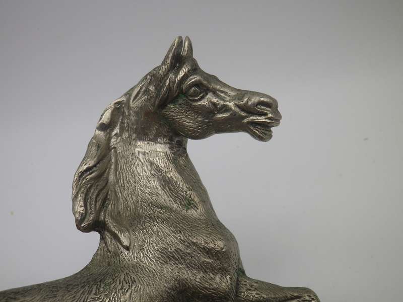 Pair Vintage Heavy Silver Tone Cast Metal prancing Horses. Gorgeous detail. 15x13cm