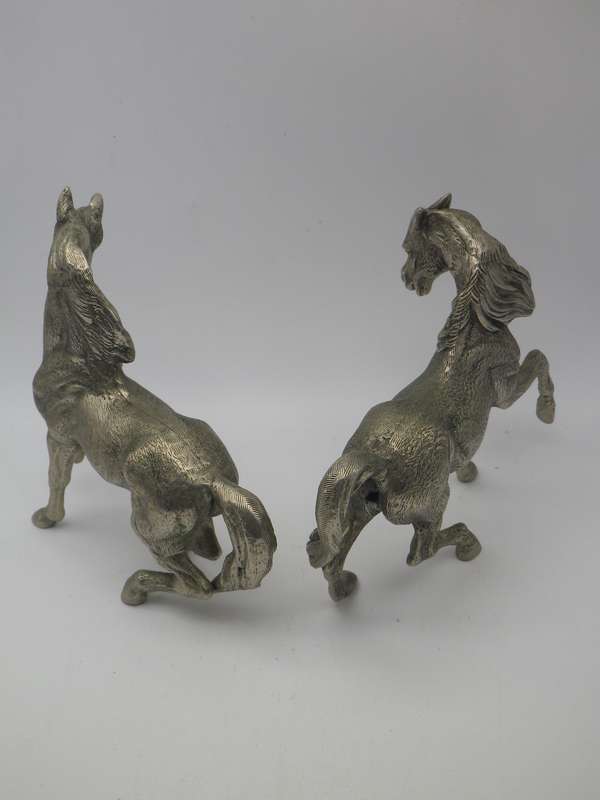 Pair Vintage Heavy Silver Tone Cast Metal prancing Horses. Gorgeous detail. 15x13cm