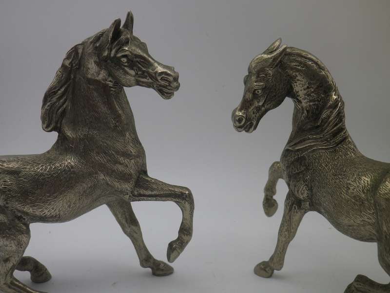 Pair Vintage Heavy Silver Tone Cast Metal prancing Horses. Gorgeous detail. 15x13cm