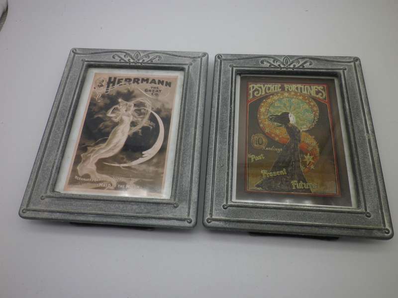 Pair ART NOUVEAU design heavy grey metal pewter? standing frames with interesting Art Nouveau prints