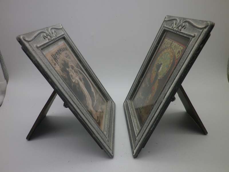 Pair ART NOUVEAU design heavy grey metal pewter? standing frames with interesting Art Nouveau prints