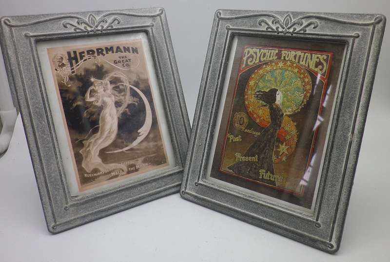 Pair ART NOUVEAU design heavy grey metal pewter? standing frames with interesting Art Nouveau prints