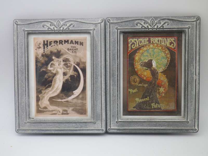 Pair ART NOUVEAU design heavy grey metal pewter? standing frames with interesting Art Nouveau prints