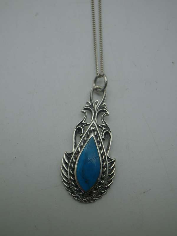 Vintage Turquoise & Sterling Silver Pendant on Sterling Silver box chain.