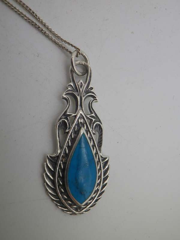 Vintage Turquoise & Sterling Silver Pendant on Sterling Silver box chain.
