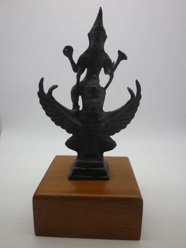 Vintage Bronze Vishnu riding a winged Garuda statue, on wooden base. 21cm