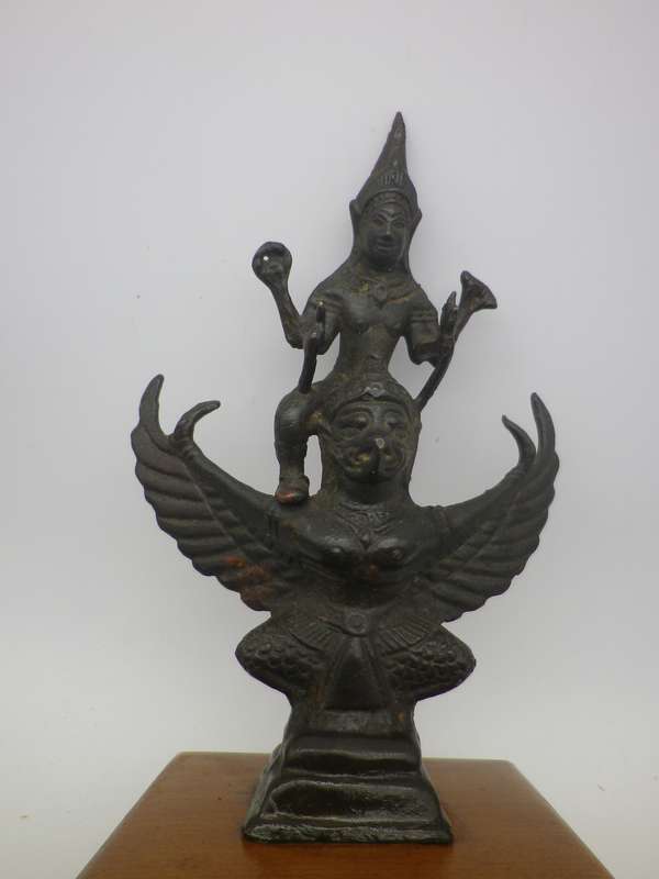Vintage Bronze Vishnu riding a winged Garuda statue, on wooden base. 21cm