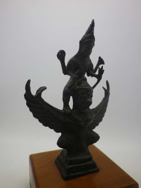 Vintage Bronze Vishnu riding a winged Garuda statue, on wooden base. 21cm