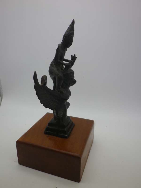 Vintage Bronze Vishnu riding a winged Garuda statue, on wooden base. 21cm