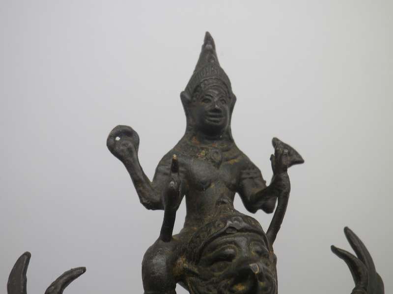 Vintage Bronze Vishnu riding a winged Garuda statue, on wooden base. 21cm