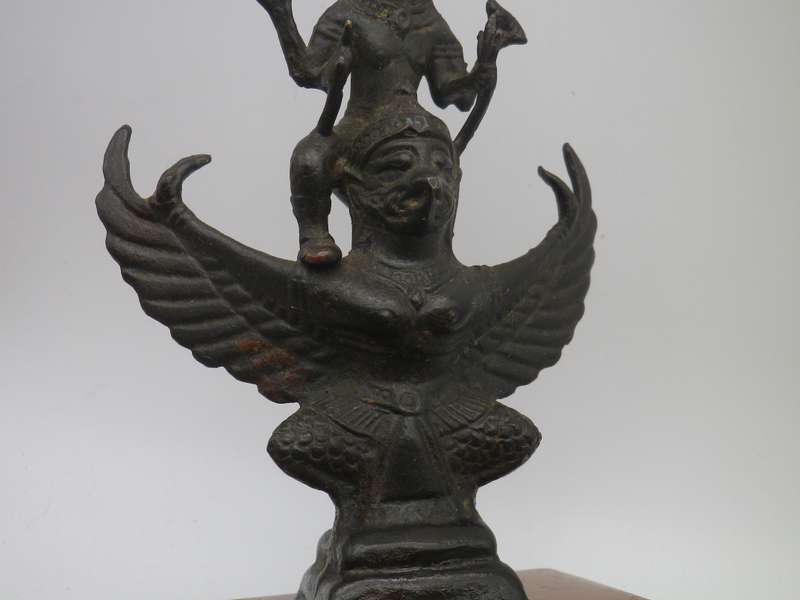Vintage Bronze Vishnu riding a winged Garuda statue, on wooden base. 21cm