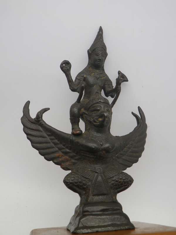 Vintage Bronze Vishnu riding a winged Garuda statue, on wooden base. 21cm