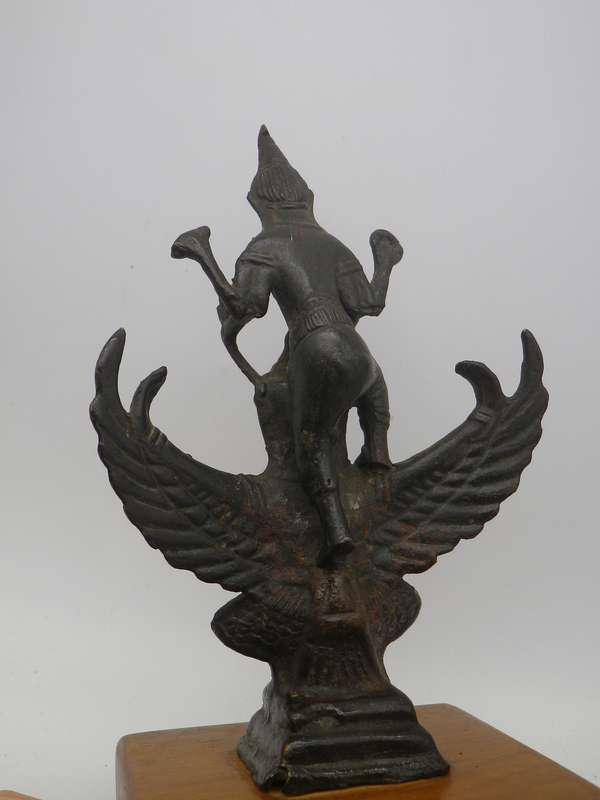 Vintage Bronze Vishnu riding a winged Garuda statue, on wooden base. 21cm