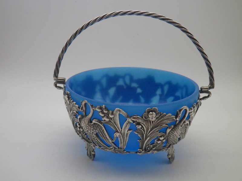 VICTORIAN C1890S SILVER PLATE (or low grade silver?)  ORNATE CRANE BASKET WITH BLUE GLASS LINER.