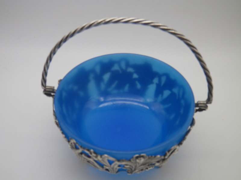 VICTORIAN C1890S SILVER PLATE (or low grade silver?)  ORNATE CRANE BASKET WITH BLUE GLASS LINER.