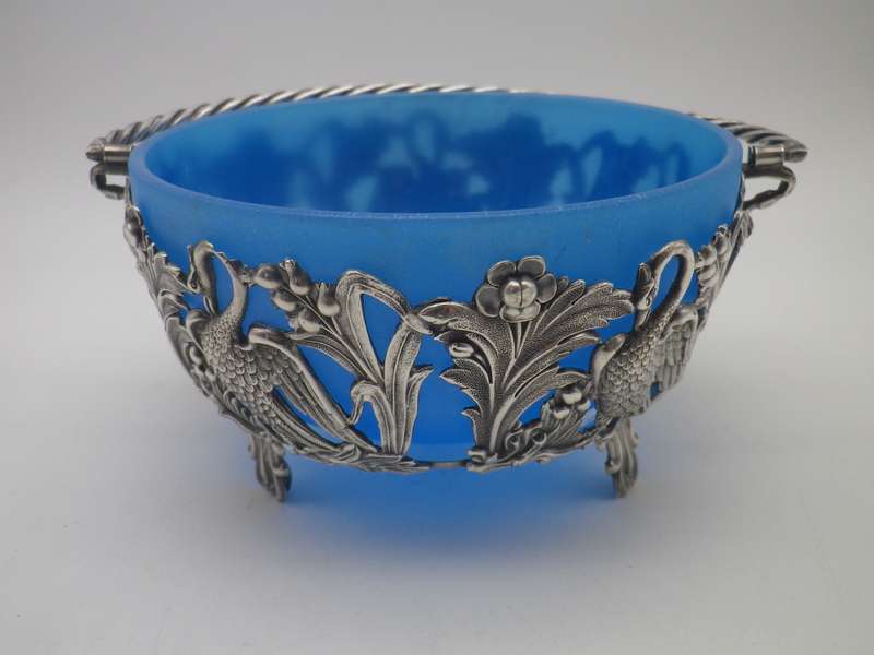 VICTORIAN C1890S SILVER PLATE (or low grade silver?)  ORNATE CRANE BASKET WITH BLUE GLASS LINER.
