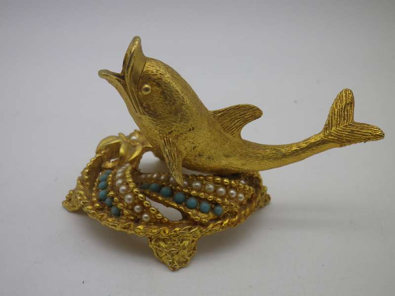 Vintage MIRELLA, England Gold tone DOLPHIN ring holder. Rare!
