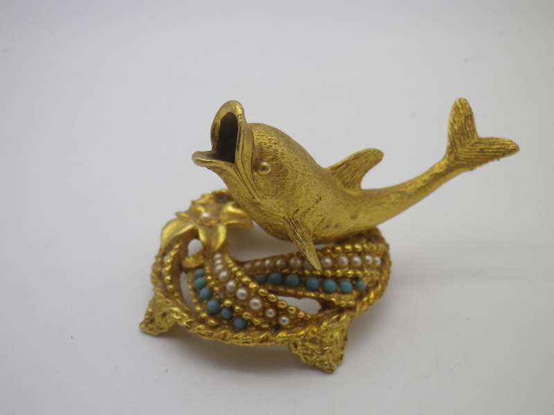 Vintage MIRELLA, England Gold tone DOLPHIN ring holder. Rare!