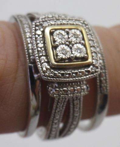 Beautiful VINTAGE STERLING SILVER, GOLD & CZ 3 piece Wedding Style Ring!! American Swiss Size g