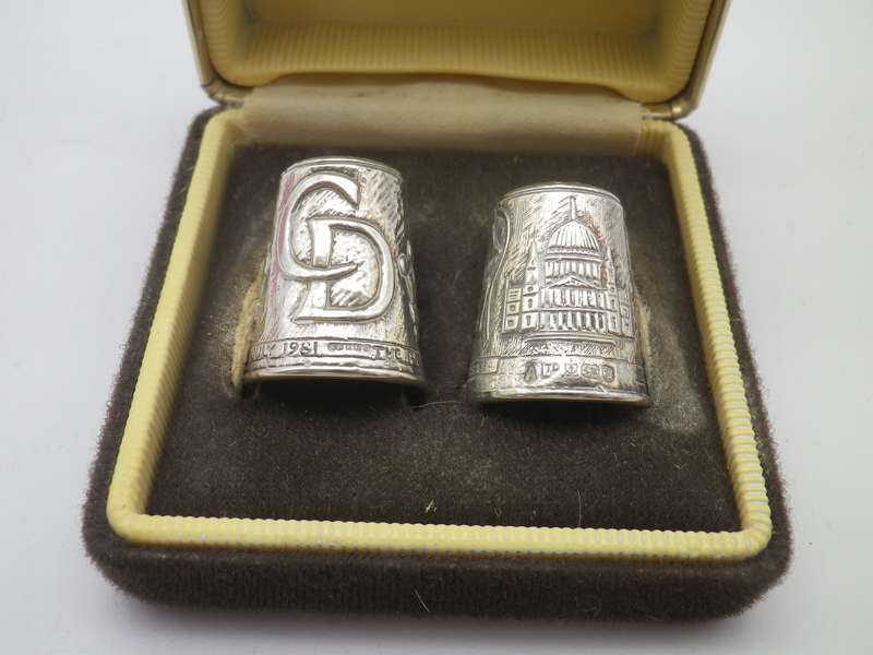 Pair Hallmarked Silver THIMBLES Charles & Diana's Wedding (Sad) 7g  Birmingham 1981 Boxed