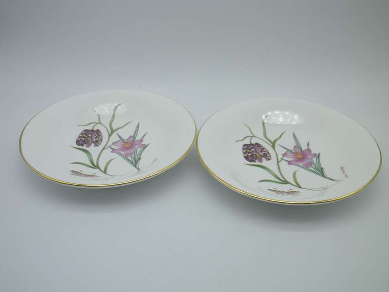 Butterflies & Flowers! Beautiful Pair round fine bone china pin dishes. Royal Kendal, England 12.5cm