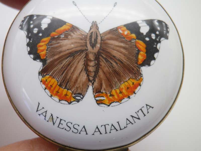 Beautiful 'Vanessa Atalanta' BUTTERFLY ROUND LIDDED CERAMIC PILL POT.   Crummles Co Ltd, England